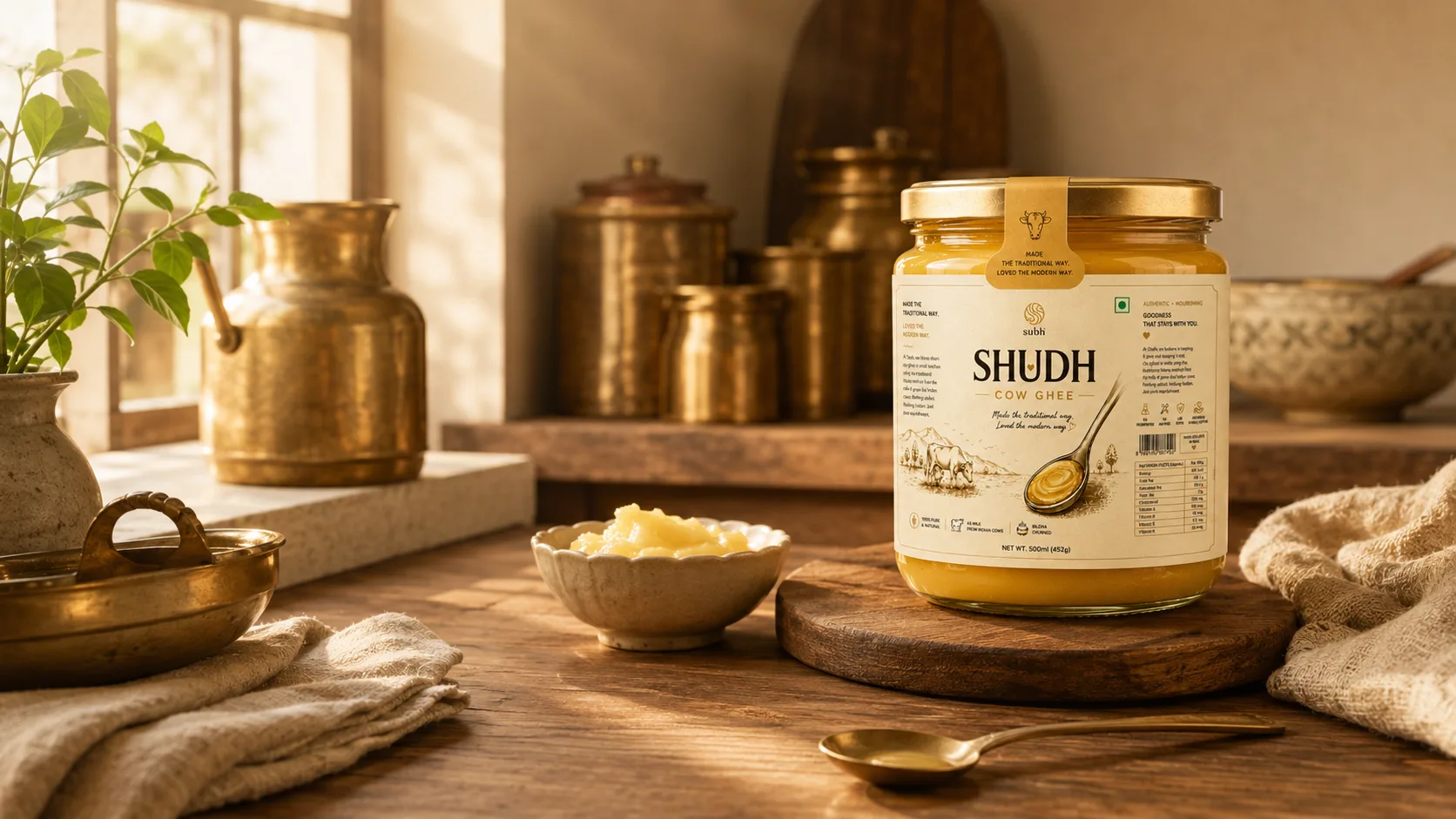 Subh Ghee — Packaging Design packaging & visual design mockup 3 by Raghav Chopra